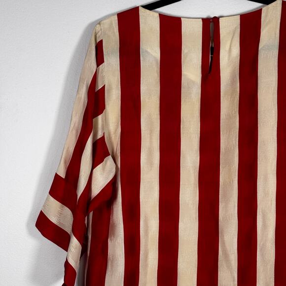 Vintage 1980s Flora Kung Silk Red White Striped Dress Damask Wounded Bird AS IS - Picture 12 of 16